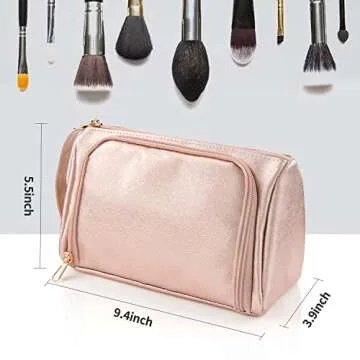 CUBETASTIC Travel Makeup Bag with Side Handle, Rose Golden Cosmetic Bag with Makeup Brush Slot, Waterproof PU Leather Makeup Pouch for Purse, Portable Toiletry Bag for Women & Girls