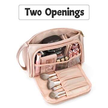 CUBETASTIC Travel Makeup Bag with Side Handle, Rose Golden Cosmetic Bag with Makeup Brush Slot, Waterproof PU Leather Makeup Pouch for Purse, Portable Toiletry Bag for Women & Girls