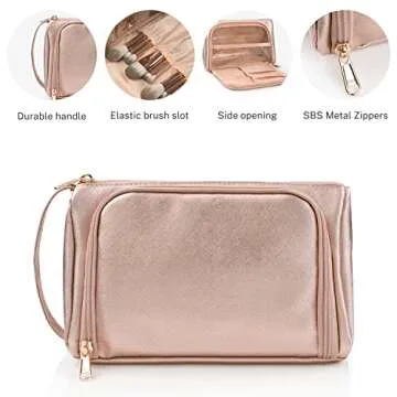 CUBETASTIC Travel Makeup Bag with Side Handle, Rose Golden Cosmetic Bag with Makeup Brush Slot, Waterproof PU Leather Makeup Pouch for Purse, Portable Toiletry Bag for Women & Girls