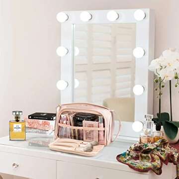 CUBETASTIC Travel Makeup Bag with Side Handle, Rose Golden Cosmetic Bag with Makeup Brush Slot, Waterproof PU Leather Makeup Pouch for Purse, Portable Toiletry Bag for Women & Girls