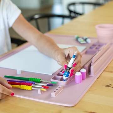 Silicone Painting Mat - 24" x 16" Craft Mat - Painting Station - Resuable Art & Crafts Gifts for Kids & Adults - with Tablet Holder, Brush Cleaner Cup, Paint Brushes, Storage Case (Pink)