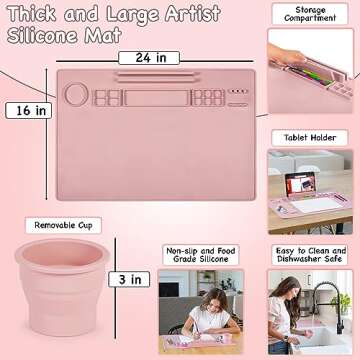Silicone Painting Mat - 24" x 16" Craft Mat - Painting Station - Resuable Art & Crafts Gifts for Kids & Adults - with Tablet Holder, Brush Cleaner Cup, Paint Brushes, Storage Case (Pink)