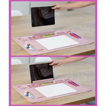 Silicone Painting Mat - 24" x 16" Craft Mat - Painting Station - Resuable Art & Crafts Gifts for Kids & Adults - with Tablet Holder, Brush Cleaner Cup, Paint Brushes, Storage Case (Pink)
