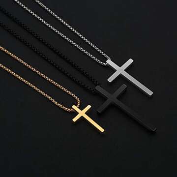 M MOOHAM Stainless Steel Cross Pendant Necklaces for Men Pendant Chain 22 Inch Silver, Confirmation Religious Christian Baptism Gifts for Men Teenage Jewelry