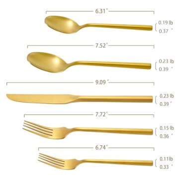 DEACORY Silverware Set Flatware Set Matte Gold Cutlery Set Brushed Brass Heavy Hexagon Handle Stainless Steel 20 Pieces Dishwasher Safe Service for 4