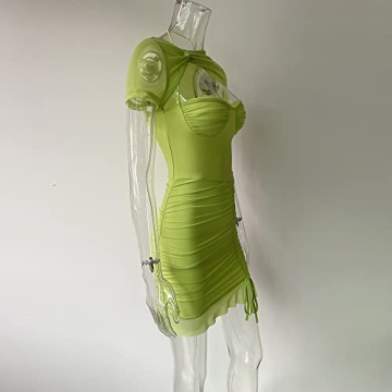 XLLAIS Women's Sexy Stretchy Bodycon Short Sleeve Corset Dress Ruched Mesh Party Club Mini Dresses Green S