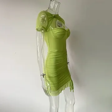 XLLAIS Women's Sexy Stretchy Bodycon Short Sleeve Corset Dress Ruched Mesh Party Club Mini Dresses Green S