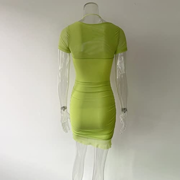XLLAIS Women's Sexy Stretchy Bodycon Short Sleeve Corset Dress Ruched Mesh Party Club Mini Dresses Green S