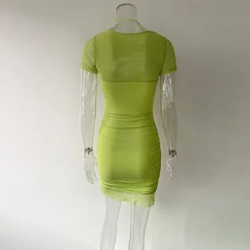 XLLAIS Women's Sexy Stretchy Bodycon Short Sleeve Corset Dress Ruched Mesh Party Club Mini Dresses Green S