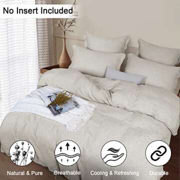 PHF 100% French Flax Linen Duvet Cover Set Queen, 3pcs Garment Washed Soft Natural Linen, Breathable Durable Cooling Duvet Cover for Hot Sleepers, 1 Duvet Cover and 2 Pillowshams, 90"x92", Linen