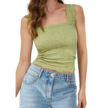 MISSACTIVER Women Square Neck Wide Straps Crop Tank Tops Casual Flower Sleeveless Lettuce Trim Slim ...