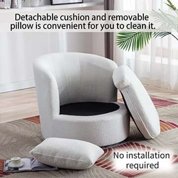 INZOY Swivel Barrel Chair with Lamb Wool Fabric, White Swivel Accent Chair, Sherpa Swivel Chair with Plump Pillow, Comfy Round Accent Chair for Living Room, Swivel Round Chair with Removable Cushion