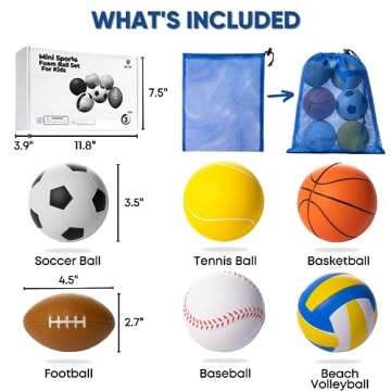 Set Of 6 Mini Sports Foam Balls for Kids, Toddler Ball Toys, Foam Football, Toddler Football, Indoor Baby Soccer, Kids Mini Basketball, Soft Baseball, Volleyball, Small Playground Balls, Baby Ball Toy