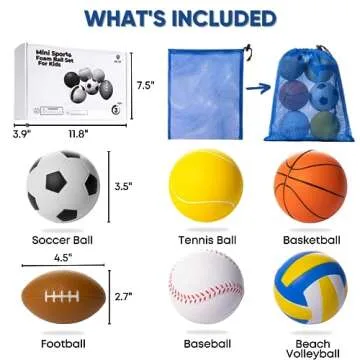 Set Of 6 Mini Sports Foam Balls for Kids, Toddler Ball Toys, Foam Football, Toddler Football, Indoor Baby Soccer, Kids Mini Basketball, Soft Baseball, Volleyball, Small Playground Balls, Baby Ball Toy