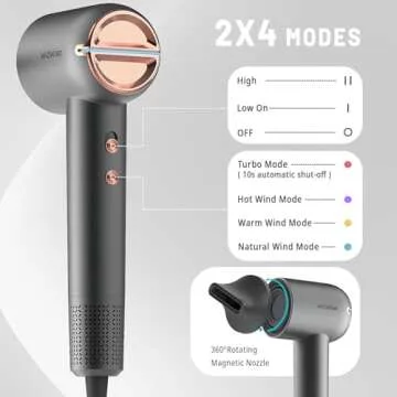 Wizwise Hair Dryer, Ionic Blow Dryer with Smoothing Nozzle, 1500W Hair Blow Dryer with 110,000RPM Fast Dry, 4 Temps&2 Speeds, 2 Accessories for Curls, Dark Gray