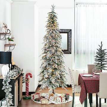 7.5ft Pre-Lit Flocked Pencil Spruce Artificial Christmas Tree with 350 Warm White Lights