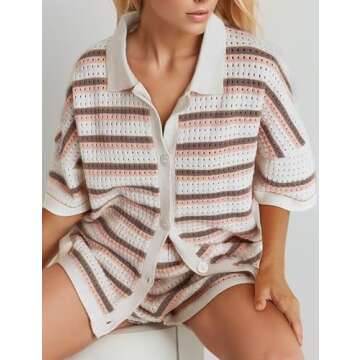 Yimoon Womens Striped Knit Pajama Set Short Sleeve Button Shirt Matching Shorts 2 Piece Outfits Crochet Lounge Set (US, Alpha, Large, Regular, Regular, Khaki)