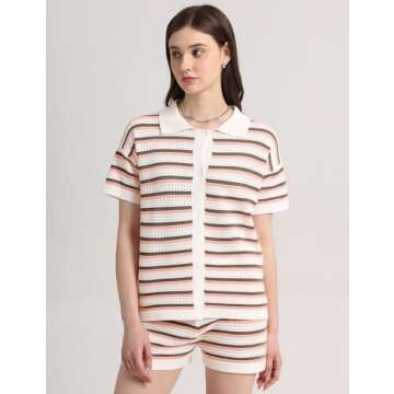 Yimoon Womens Striped Knit Pajama Set Short Sleeve Button Shirt Matching Shorts 2 Piece Outfits Crochet Lounge Set (US, Alpha, Large, Regular, Regular, Khaki)
