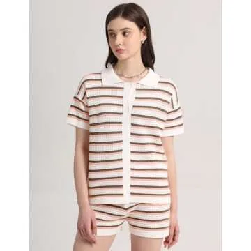 Yimoon Womens Striped Knit Pajama Set Short Sleeve Button Shirt Matching Shorts 2 Piece Outfits Crochet Lounge Set (US, Alpha, Large, Regular, Regular, Khaki)