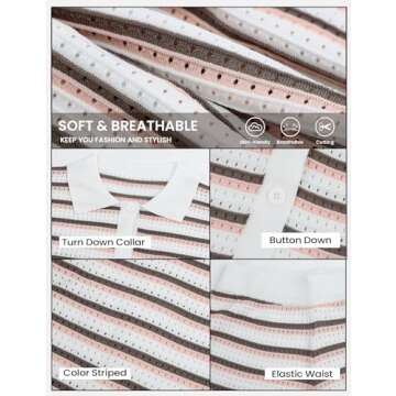 Yimoon Womens Striped Knit Pajama Set Short Sleeve Button Shirt Matching Shorts 2 Piece Outfits Crochet Lounge Set (US, Alpha, Large, Regular, Regular, Khaki)