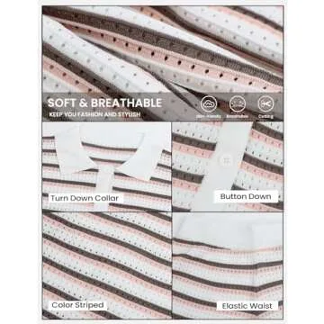 Yimoon Womens Striped Knit Pajama Set Short Sleeve Button Shirt Matching Shorts 2 Piece Outfits Crochet Lounge Set (US, Alpha, Large, Regular, Regular, Khaki)