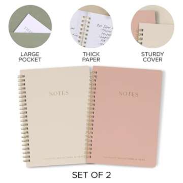 Aesthetic Spiral Notebook Set of 2 For Women and Men - Cute College Ruled 8x6 Bible Study Journal/Notebook with Pockets And Lined Pages - Perfect A5 Supplies to Stay Organized at Work or School