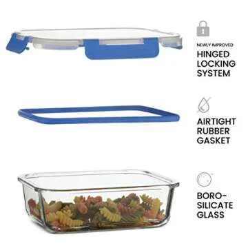 FineDine 6-Piece Superior Glass Food Storage Containers Set, 35oz Capacity - Newly Innovated Hinged Locking lids - 100% Leakproof Glass Meal-Prep Containers, Freezer-to-Oven-Safe (Blue)