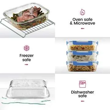 FineDine 6-Piece Superior Glass Food Storage Containers Set, 35oz Capacity - Newly Innovated Hinged Locking lids - 100% Leakproof Glass Meal-Prep Containers, Freezer-to-Oven-Safe (Blue)