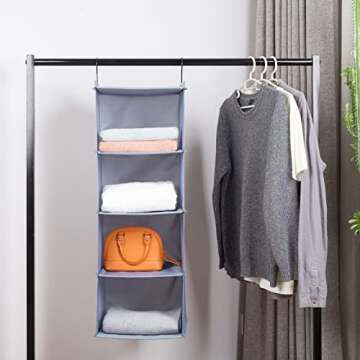 DonYeco Hanging Closet Organizer, Easy Mount Foldable 4-Shelf Hanging Closet Wardrobe Storage Shelves, Clothes Handbag Shoes Accessories Storage, Washable Oxford Cloth Fabric, Gray
