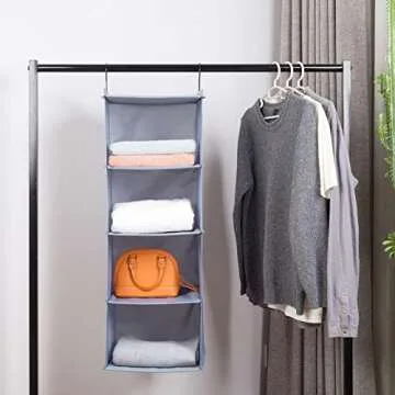 DonYeco Hanging Closet Organizer, Easy Mount Foldable 4-Shelf Hanging Closet Wardrobe Storage Shelves, Clothes Handbag Shoes Accessories Storage, Washable Oxford Cloth Fabric, Gray