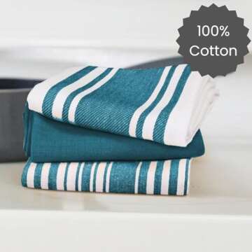 Cotton Clinic Assorted Kitchen Towels 5 Pack – Soft Absorbent Quick Drying Table & Kitchen Linen - Dish Towels, Dish Cloths, Tea Towels and Cleaning Towels with Hanging Loop – 16x28 / Teal Green White