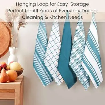 Cotton Clinic Assorted Kitchen Towels 5 Pack – Soft Absorbent Quick Drying Table & Kitchen Linen - Dish Towels, Dish Cloths, Tea Towels and Cleaning Towels with Hanging Loop – 16x28 / Teal Green White