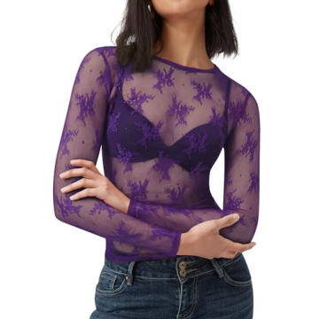 AKEWEI Women Long Sleeeve Mesh Lace Shirt Sexy Going Out Party Sheer See Through Top Floral Fishnet ...
