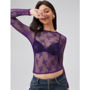 AKEWEI Women Long Sleeeve Mesh Lace Shirt Sexy Going Out Party Sheer See Through Top Floral Fishnet Blouse(Purple,S)