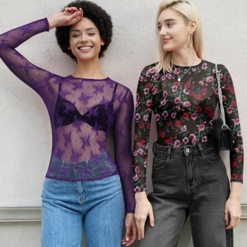 AKEWEI Women Long Sleeeve Mesh Lace Shirt Sexy Going Out Party Sheer See Through Top Floral Fishnet Blouse(Purple,S)