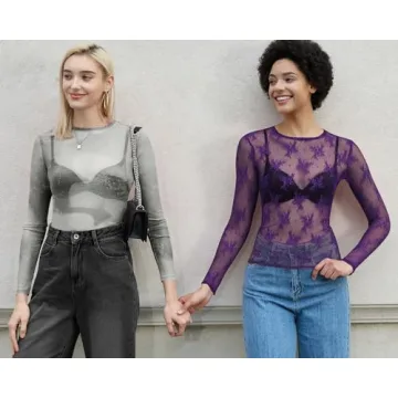AKEWEI Women Long Sleeeve Mesh Lace Shirt Sexy Going Out Party Sheer See Through Top Floral Fishnet Blouse(Purple,S)