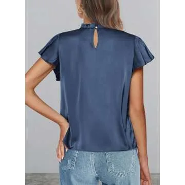 PRETTYGARDEN Women's Summer Satin Blouse Shirt 2025 Dressy Casual Ruffle Short Sleeve Crewneck Work ...