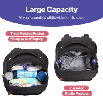 BabbleRoo Diaper Bag Backpack, Travel Backpack with Changing Pad, Pacifier Case & Stroller Straps, Multifunction, Waterproof, Unisex – Black