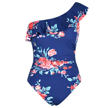 Hilor Women's One Shoulder Ruffle Monokini Swimwear - Navy&Red Floral