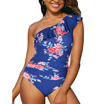 Hilor One Shoulder Ruffle Monokini Swimwear Navy&Red Floral