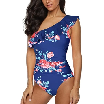 Hilor One Shoulder Ruffle Monokini Swimwear Navy&Red Floral
