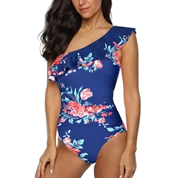 Hilor One Shoulder Ruffle Monokini Swimwear Navy&Red Floral