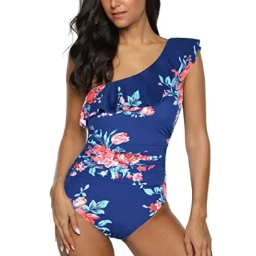 Hilor One Shoulder Ruffle Monokini Swimwear Navy&Red Floral