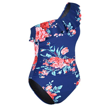 Hilor One Shoulder Ruffle Monokini Swimwear Navy&Red Floral