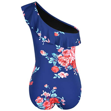 Hilor One Shoulder Ruffle Monokini Swimwear Navy&Red Floral