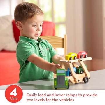 Melissa & Doug Car Carrier Truck and Cars Wooden Toy Set With 1 Truck and 4 Cars - Vehicle Toys, Push And Go Wooden Trucks For Toddlers And Kids Ages 3+