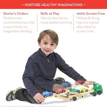 Melissa & Doug Car Carrier Truck and Cars Wooden Toy Set With 1 Truck and 4 Cars - Vehicle Toys, Push And Go Wooden Trucks For Toddlers And Kids Ages 3+