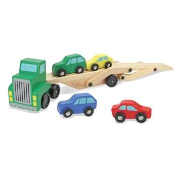 Melissa & Doug Car Carrier Truck and Cars Wooden Toy Set With 1 Truck and 4 Cars - Vehicle Toys, Push And Go Wooden Trucks For Toddlers And Kids Ages 3+