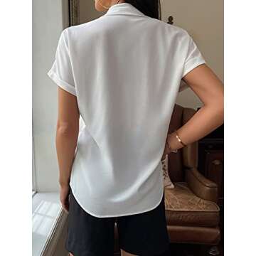 Romwe Women's Short Sleeve Button Down Shirts Pocket Front Solid Blouses Tops White XS