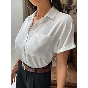 Romwe Women's Short Sleeve Button Down Shirts Pocket Front Solid Blouses Tops White XS